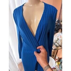 Royal Blue Ribbed Knit Maxi Dress Long Sleeve V-Neck Wrap Front Slit Column